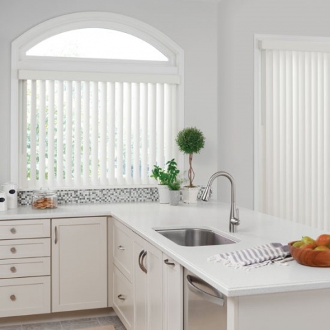 Modern white 90mm chainless vertical blinds online in kitchen